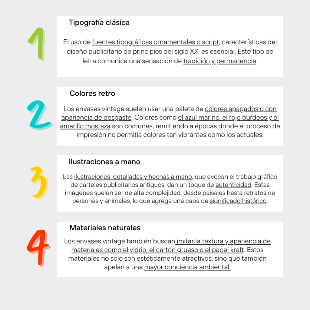 Características clave de los envases vintage